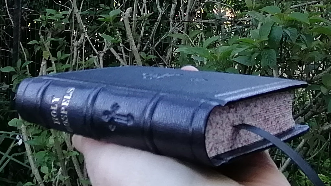 Leatherbound Book of Gospels, A-7 sized, Black Goatskin, Fr Lazarus Moore translation